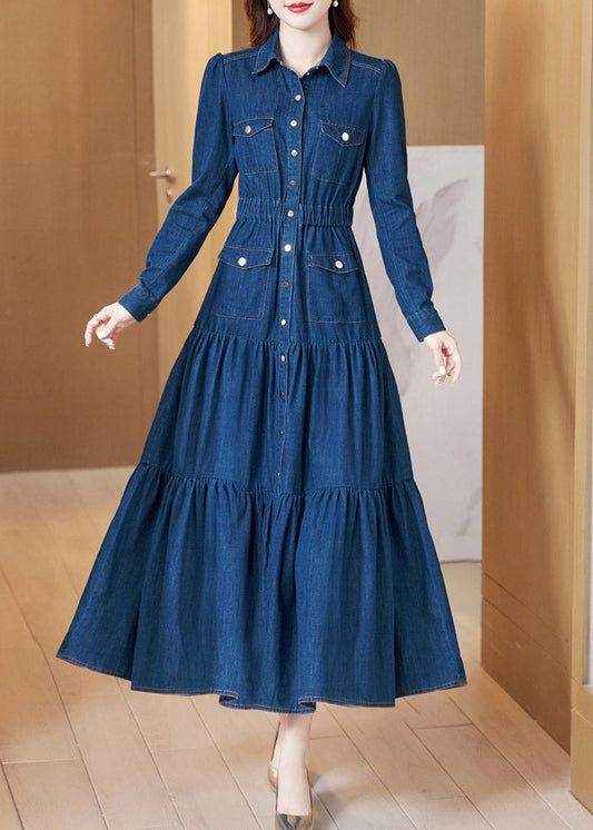 Denim Blue Peter Pan Collar Patchwork Wrinkled Tunic Button Cotton Maxi Dresses Long Sleeve Ac2023