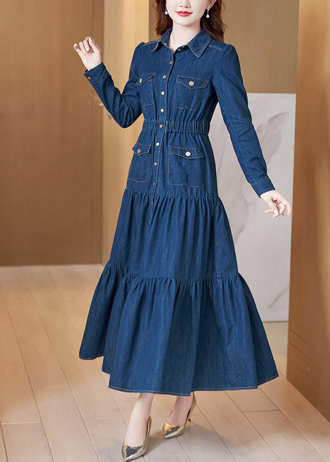 Denim Blue Peter Pan Collar Patchwork Wrinkled Tunic Button Cotton Maxi Dresses Long Sleeve Ac2023