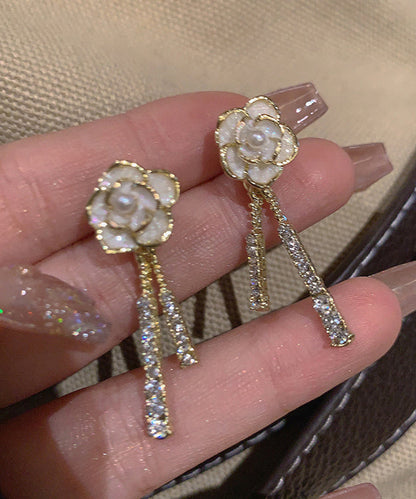 Gold Alloy Zircon Pearl Tassel Drop Earrings
