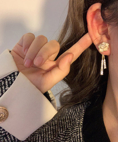 Gold Alloy Zircon Pearl Tassel Drop Earrings