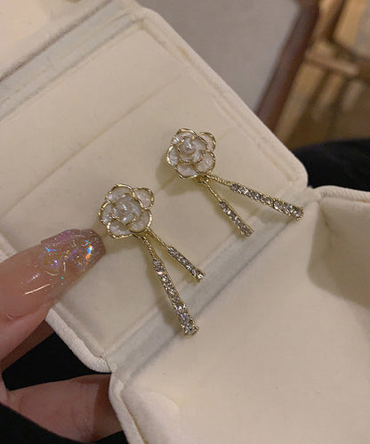Gold Alloy Zircon Pearl Tassel Drop Earrings