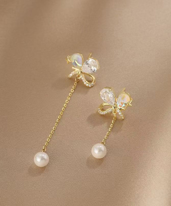 Gold Copper Overgild Asymmetrical Pearl Butterfly Tassel Drop Earrings