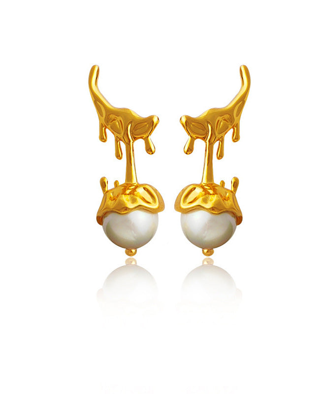 Gold Copper Overgild Glass Pearl Stud Earrings
