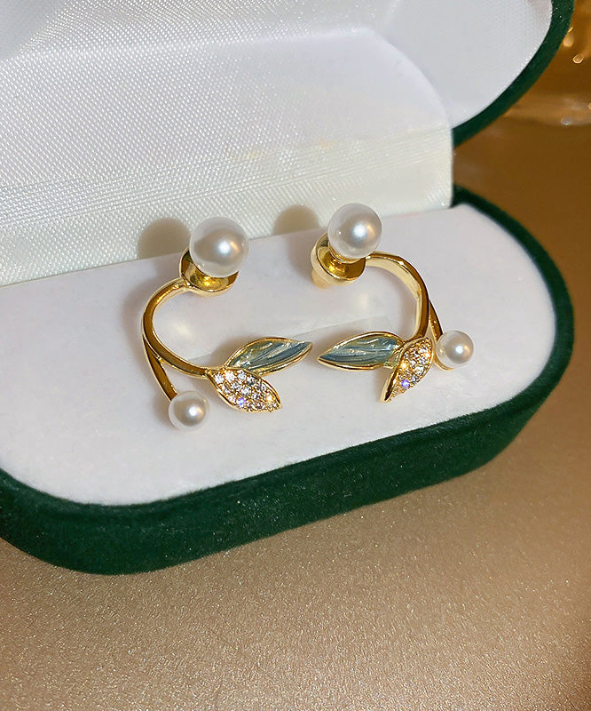 Gold Copper Overgild Zircon Pearl Leaf Hoop Earrings