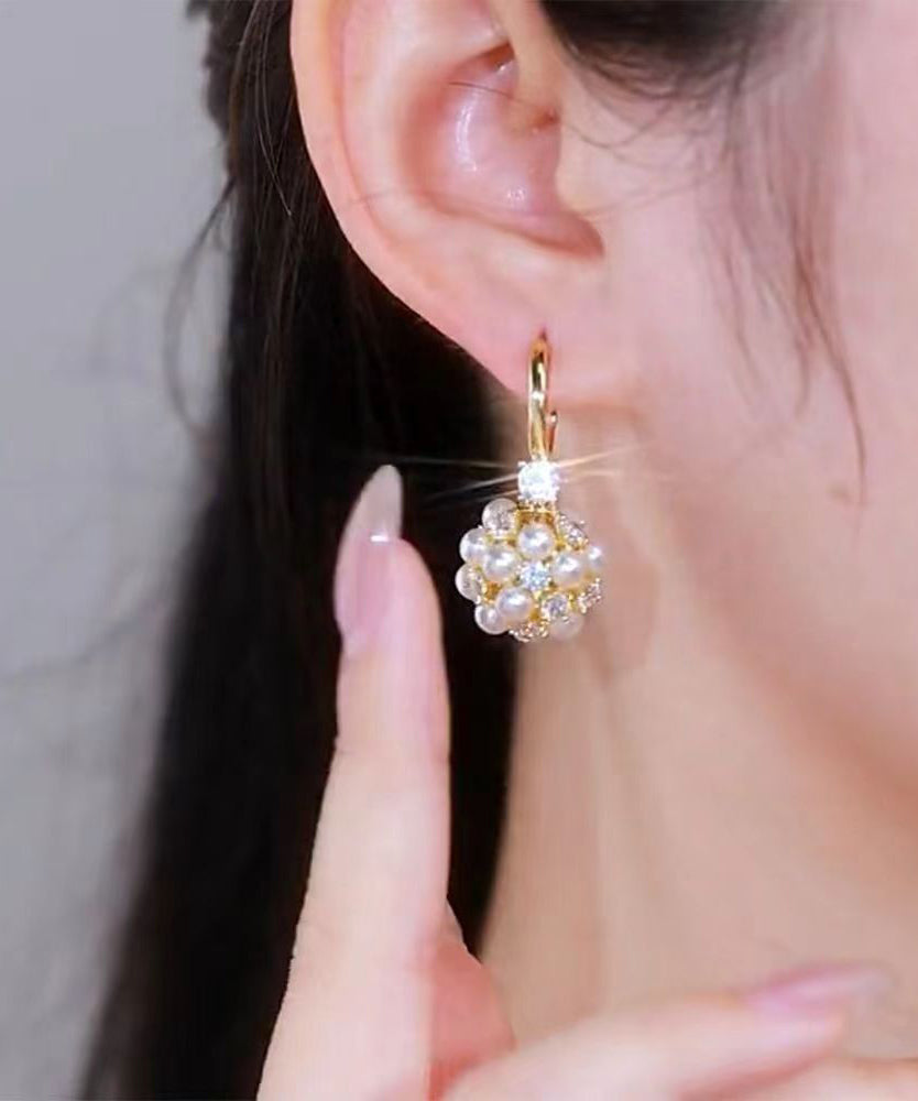 Gold Metal Overgild Pearl Zircon Ball Drop Earrings