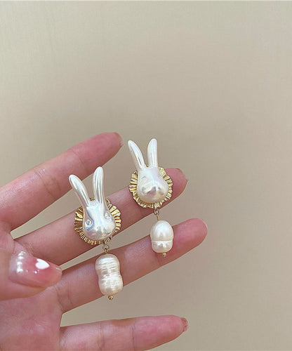Gold Sterling Silver Alloy Pearl Rabbit Drop Earrings Ly1801