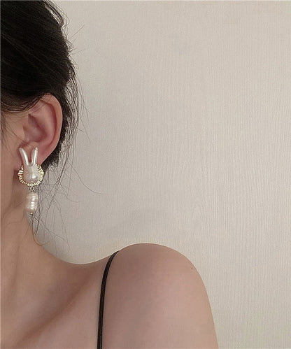 Gold Sterling Silver Alloy Pearl Rabbit Drop Earrings Ly1801