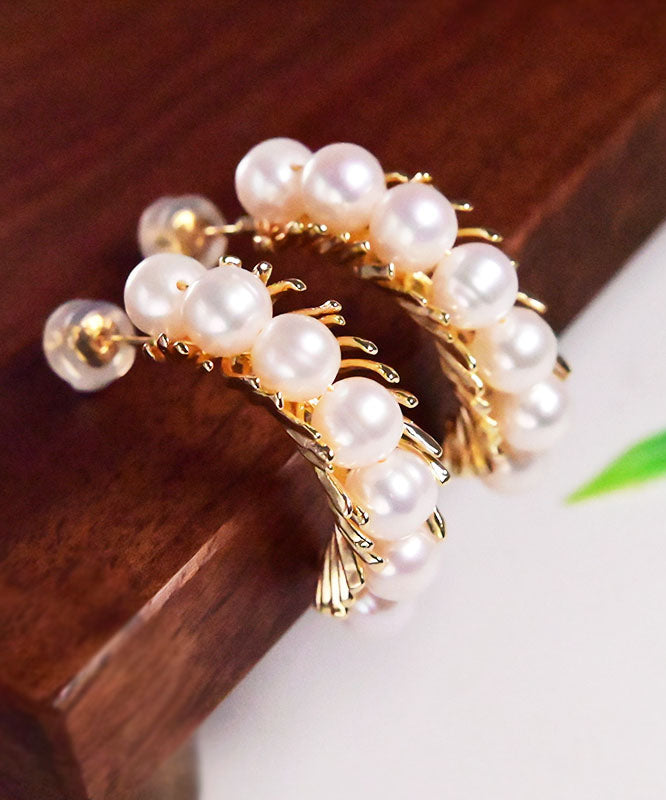 Gold Sterling Silver Overgild Pearl Hoop Earrings