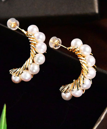 Gold Sterling Silver Overgild Pearl Hoop Earrings