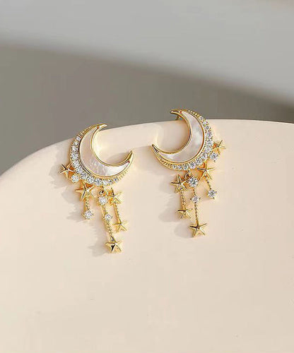 Gold Sterling Silver Overgild Zircon Moon Star Drop Earrings