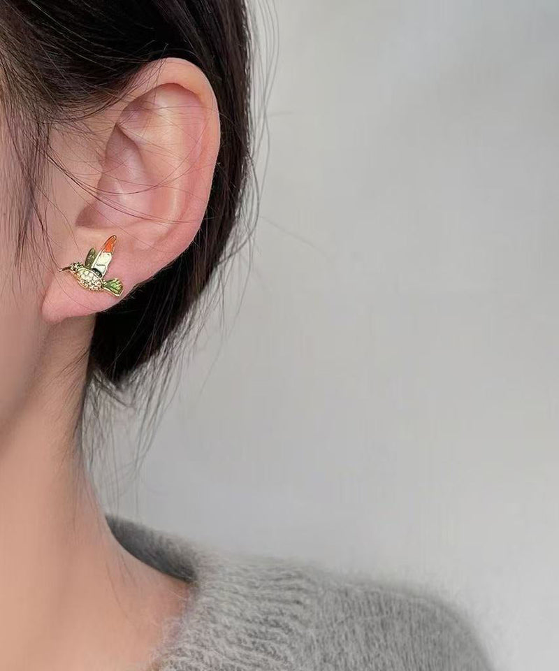 Green Copper Alloy Zircon Enamel Drop Glaze Little Brid Stud Earrings