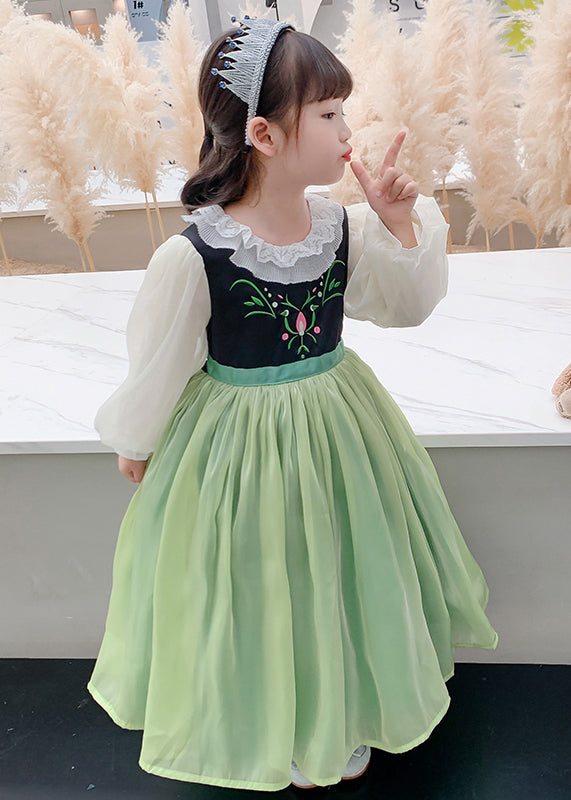 Green Embroideried Flattering Tulle Kids Maxi Dress Spring Ye021