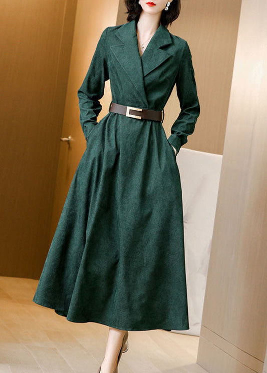 Green Notched Collar Sashes Slim Fit Corduroy Maxi Dresses Spring Ac2013