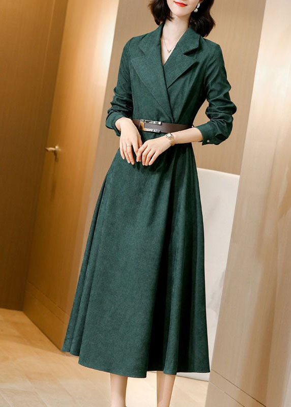 Green Notched Collar Sashes Slim Fit Corduroy Maxi Dresses Spring Ac2013