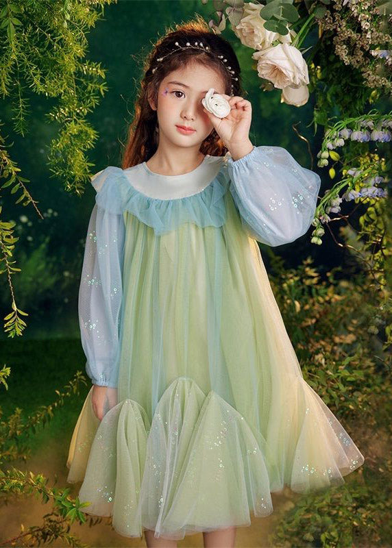 Green Sequins Tulle Kids Long Dresses Puff Sleeve Tv031