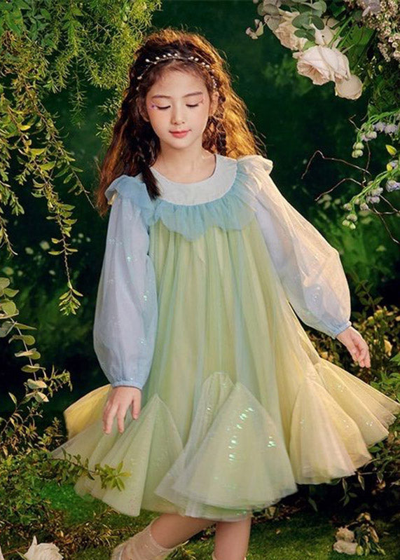 Green Sequins Tulle Kids Long Dresses Puff Sleeve Tv031