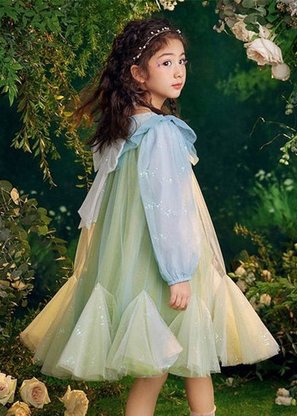 Green Sequins Tulle Kids Long Dresses Puff Sleeve Tv031