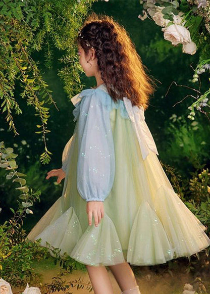 Green Sequins Tulle Kids Long Dresses Puff Sleeve Tv031