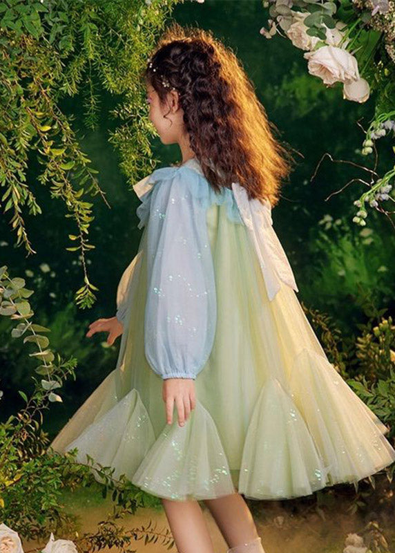 Green Sequins Tulle Kids Long Dresses Puff Sleeve Tv031