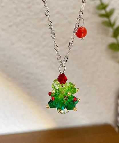 Green Stainless Steel Crystal Christmas Tree Pendant Necklace