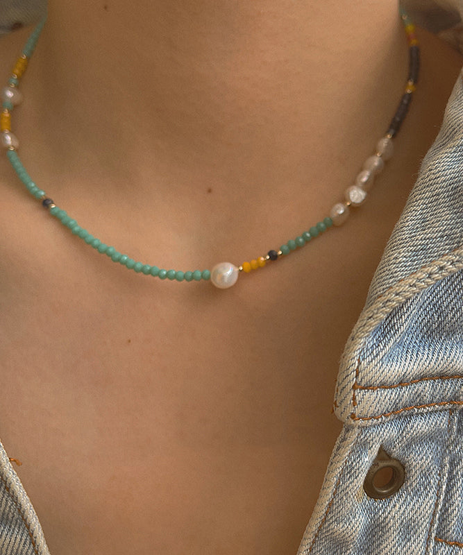 Green Stainless Steel Overgild Pearl Crystal Necklace