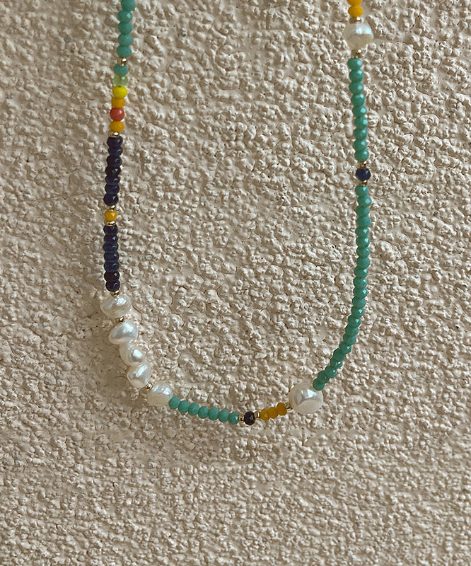 Green Stainless Steel Overgild Pearl Crystal Necklace