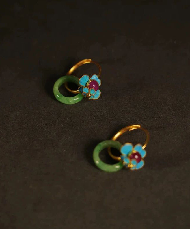 Green Sterling Silver Overgild Jade Enamel Ping Buckle Hoop Earrings