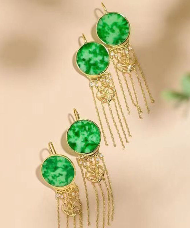 Green Sterling Silver Tie Dye Round Tassel Jadeite Drop Earrings