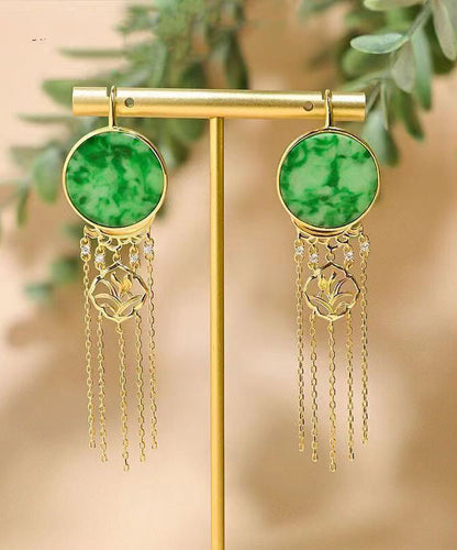 Green Sterling Silver Tie Dye Round Tassel Jadeite Drop Earrings
