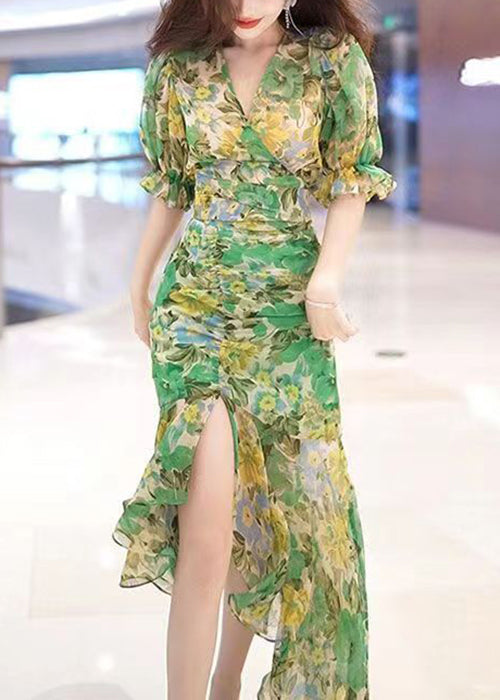 Green V Neck Print Patchwork Chiffon Long Dress Summer Xx051