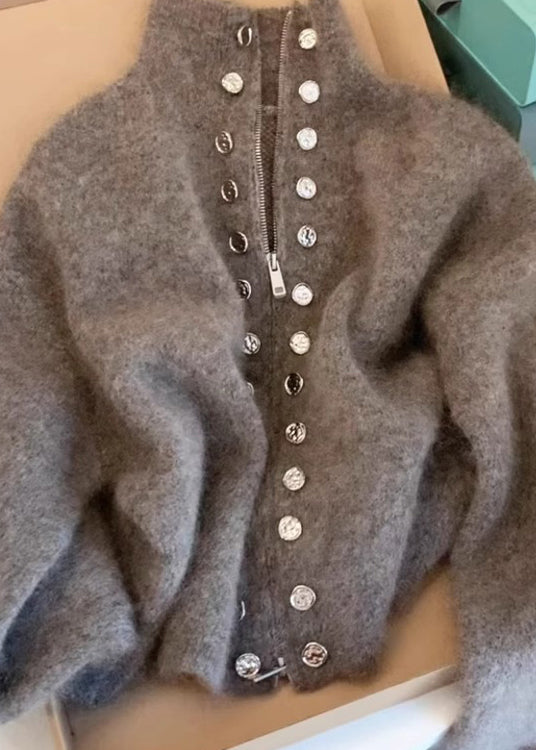 Grey High Neck Zip Up Woolen Knit Cardigans Spring Tn025