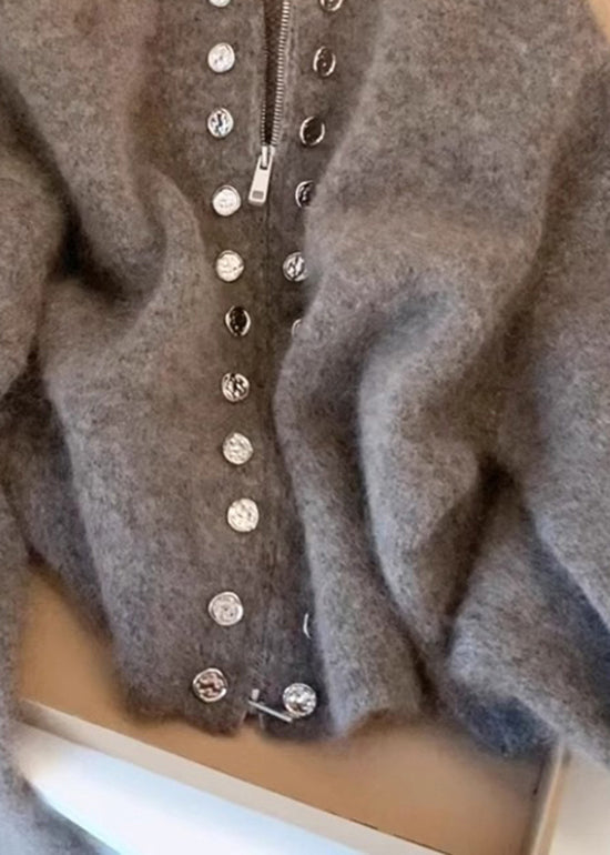 Grey High Neck Zip Up Woolen Knit Cardigans Spring Tn025