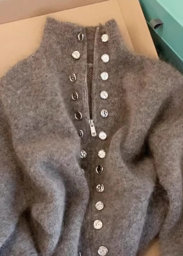 Grey High Neck Zip Up Woolen Knit Cardigans Spring Tn025