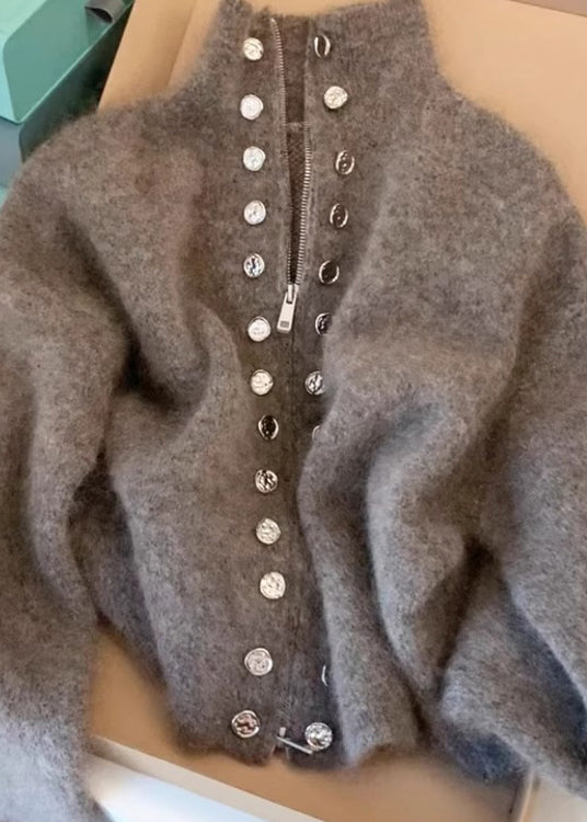 Grey High Neck Zip Up Woolen Knit Cardigans Spring Tn025