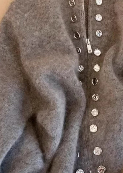 Grey High Neck Zip Up Woolen Knit Cardigans Spring Tn025