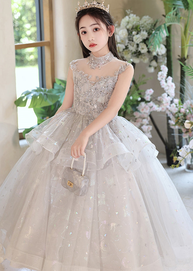 Grey Sequins Patchwork Tulle Kids Maxi Dresses Summer Qv011