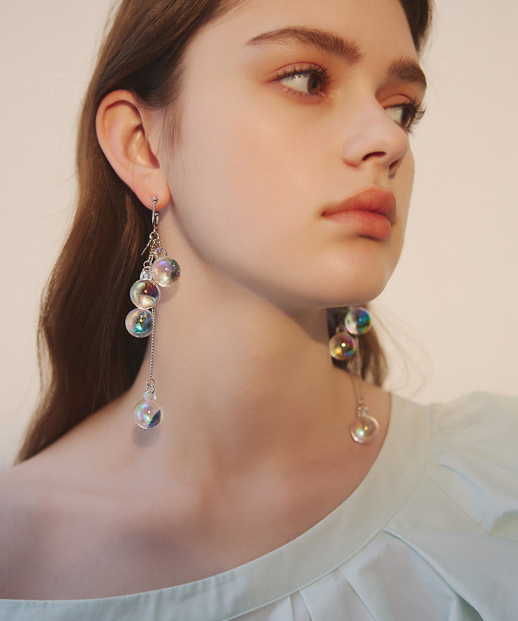 Iridescent Bubble Long Tassel Crystal Bead Drop Earrings