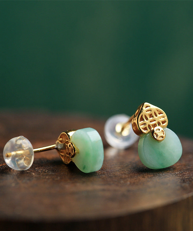 Light Green Sterling Silver Overgild Jade Stud Earrings Df1016