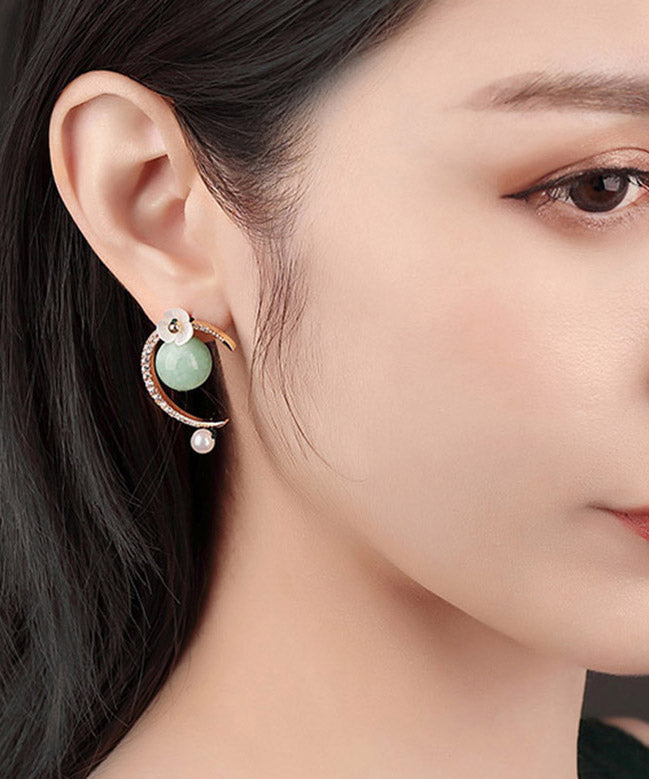 Light Green Sterling Silver Zircon Shell Flower Pearl Hoop Earrings