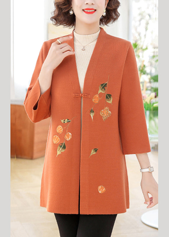 Orange Print Cotton Knit Cardigans Bracelet Sleeve Ta009
