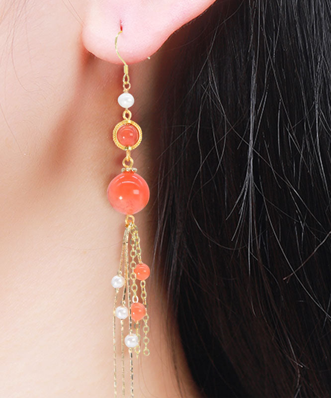 Orange Silver Sterling Overgild Agate Pearl Tassel Drop Earrings