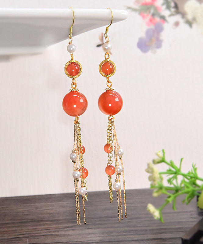 Orange Silver Sterling Overgild Agate Pearl Tassel Drop Earrings