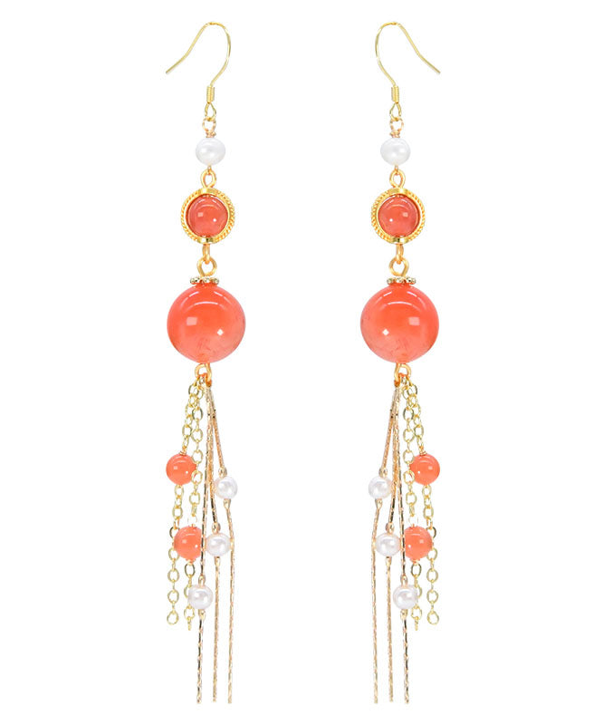 Orange Silver Sterling Overgild Agate Pearl Tassel Drop Earrings