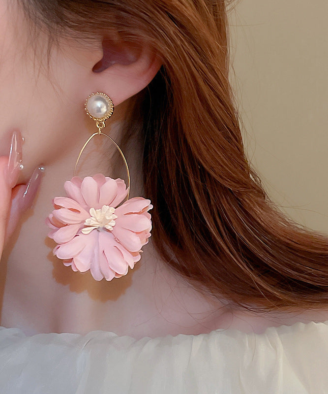 Pink Alloy Pearl Cloth Chrysanthemum Drop Earrings
