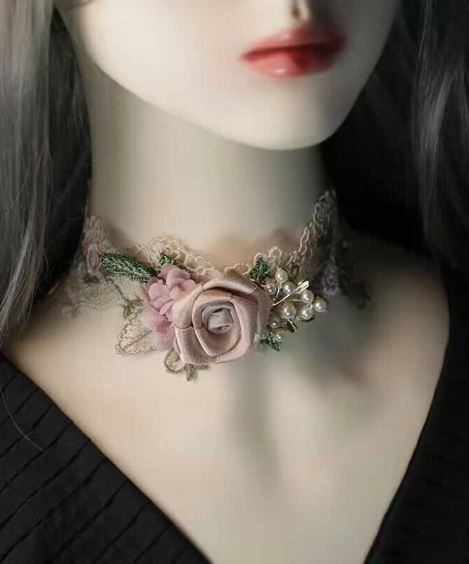 Pink Alloy Pearl Lace Necklace