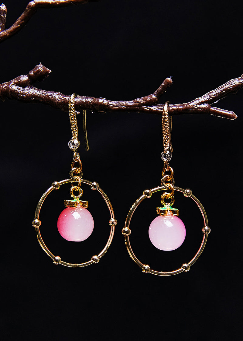 Pink Crystal Circular Gilding Drop Earrings
