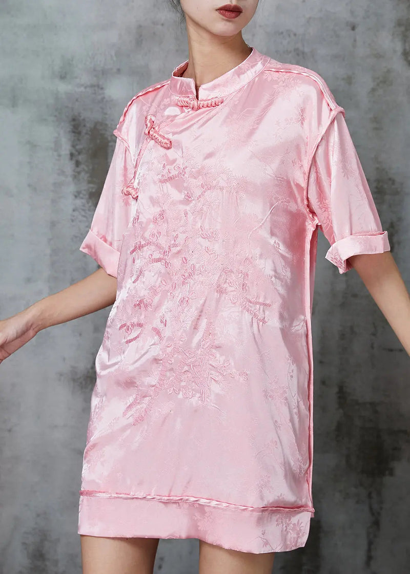Pink Embroidered Chinese Button Silk Mini Dress Spring Jk1006