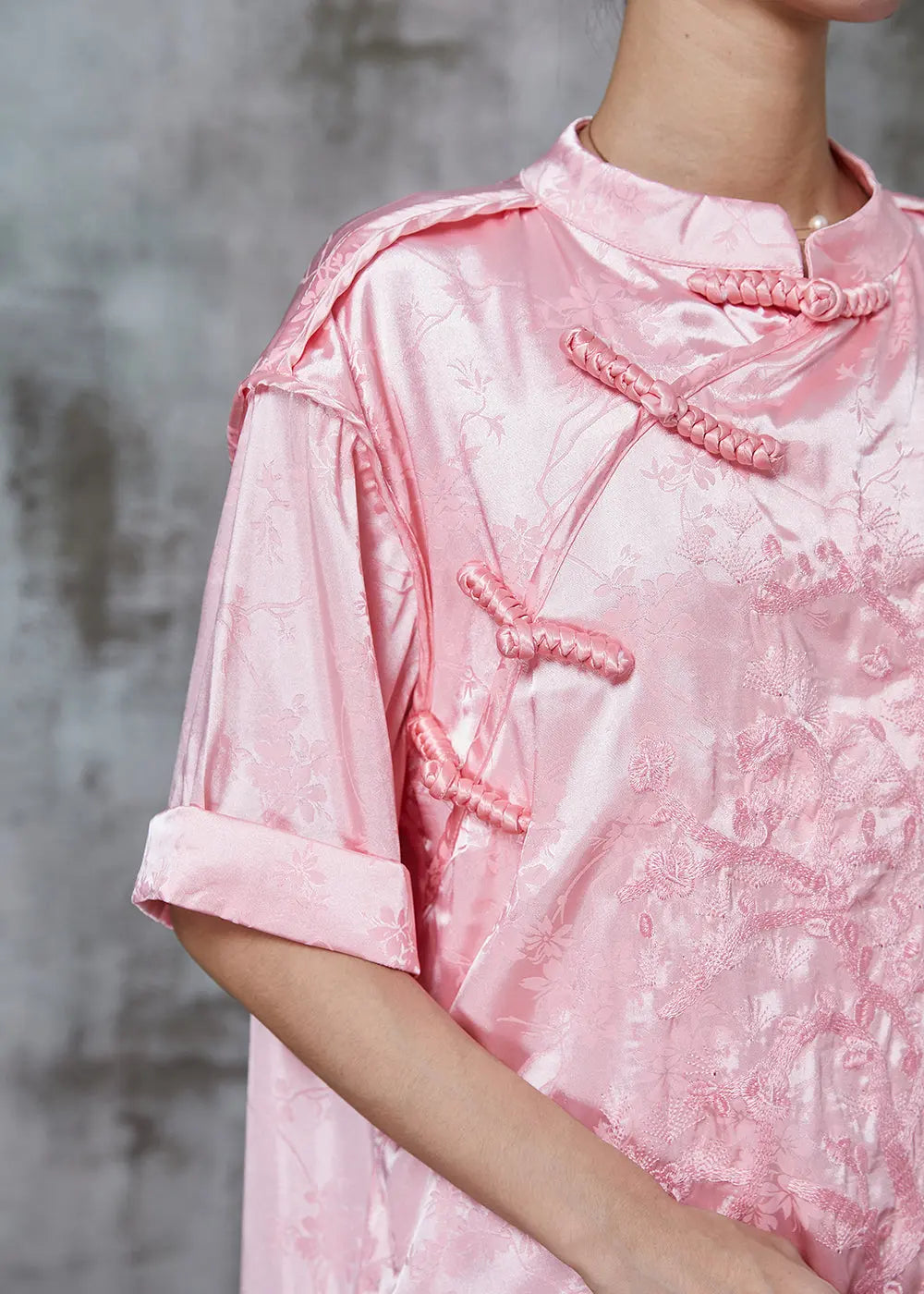 Pink Embroidered Chinese Button Silk Mini Dress Spring Jk1006