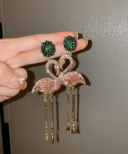Pink Flamingo Zircon Tassel Silver Drop Earrings