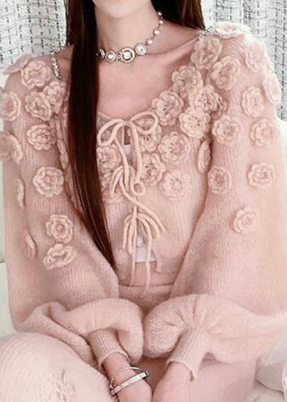 Pink Lace Up Knit Sweaters Fall Ry014